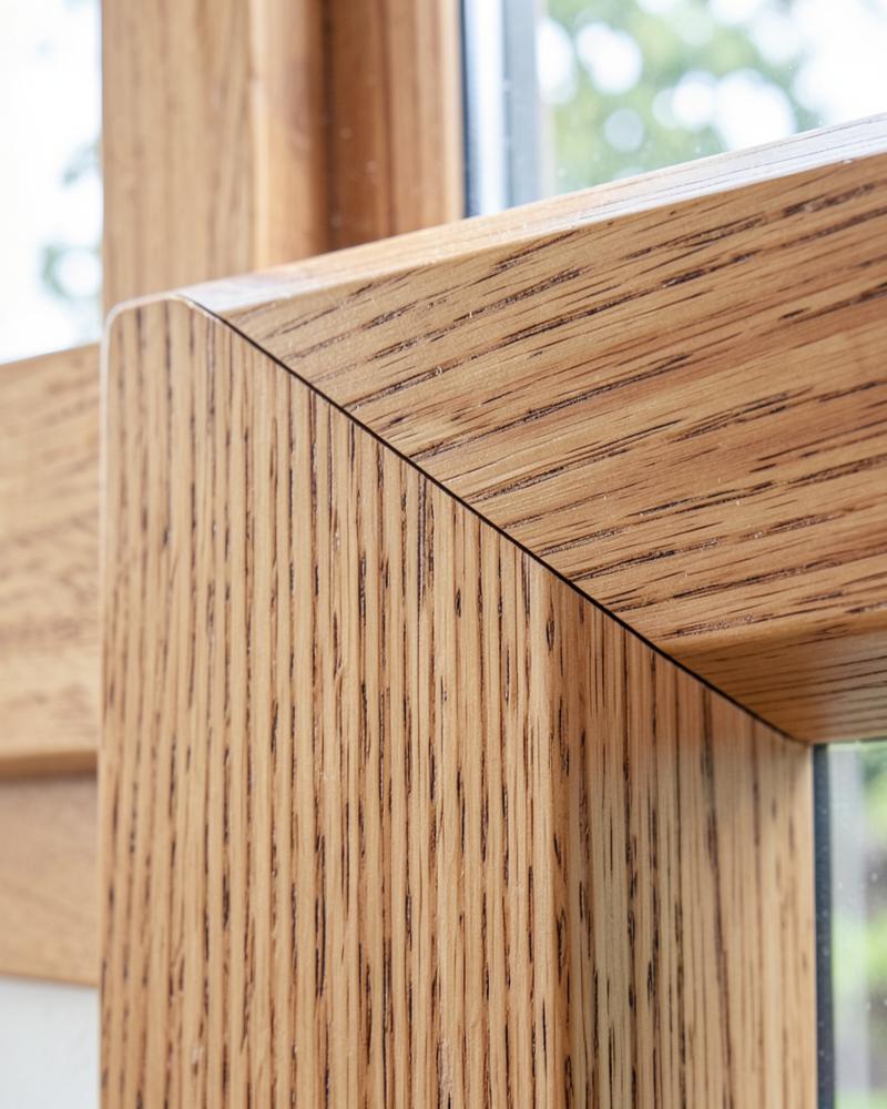 Angolo di telaio in legno di rovere con venatura visibile e vetro sullo sfondo