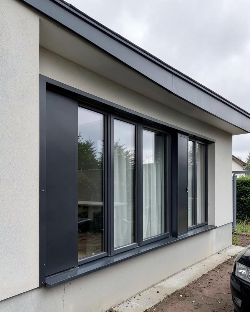 Facciata di casa contemporanea con finestre in legno-alluminio dal profilo esterno grigio scuro
