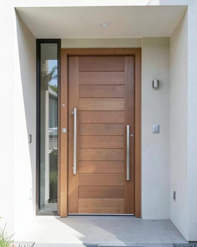 Portoncino d'ingresso in legno a doghe orizzontali di una casa contemporanea