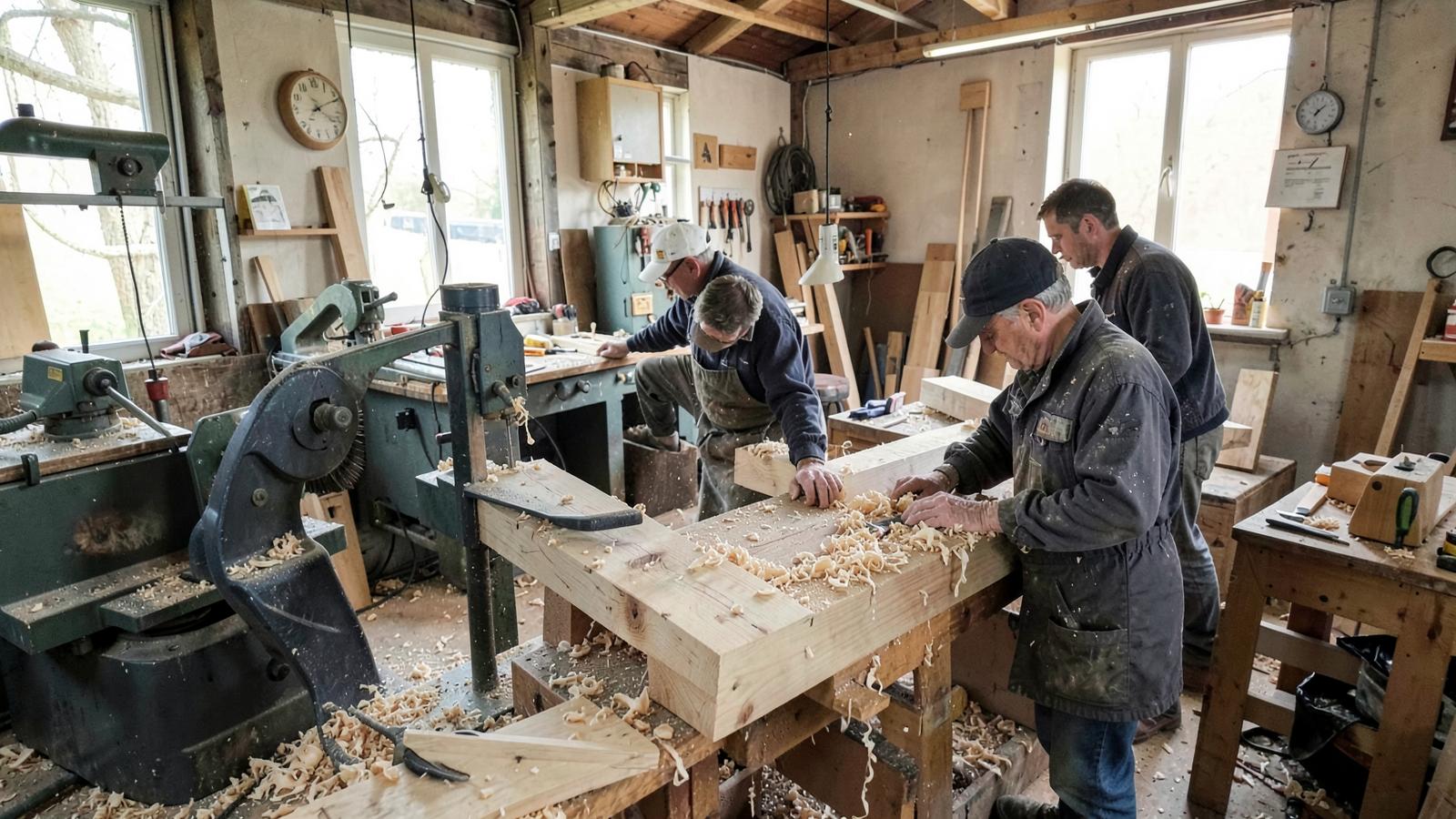 Interno del laboratorio con macchine per la lavorazione del legno, travi e trucioli sul banco