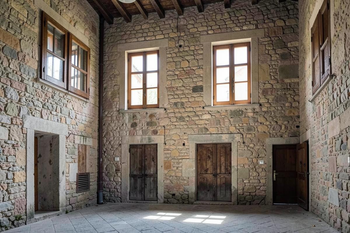 Corte interna in pietra di un edificio storico restaurato con finestre in legno a due ante