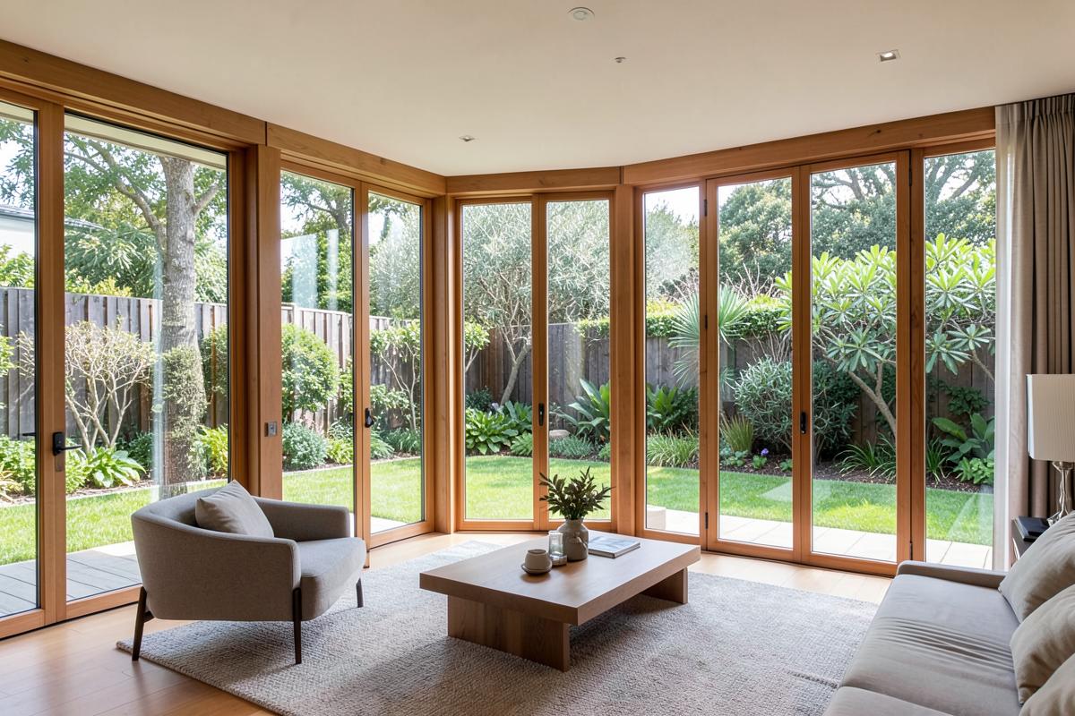 Soggiorno di una villa contemporanea con serramenti in legno a tutta altezza affacciati sul giardino